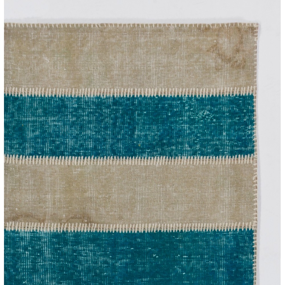Contemporary Teal Blue and Beige Striped Patchwork Rug | Hand-Knotted Turkish Redyed Carpet