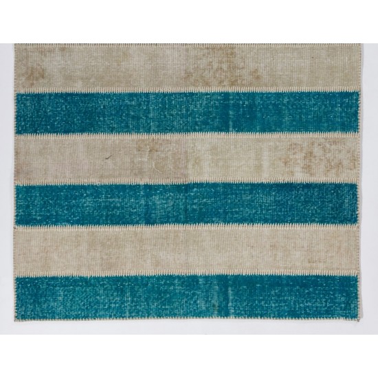Central Anatolian Handmade Patchwork Rug in Beige and Teal Blue Colors, High Quality Wool Carpet