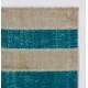 Contemporary Teal Blue and Beige Striped Patchwork Rug | Hand-Knotted Turkish Redyed Carpet
