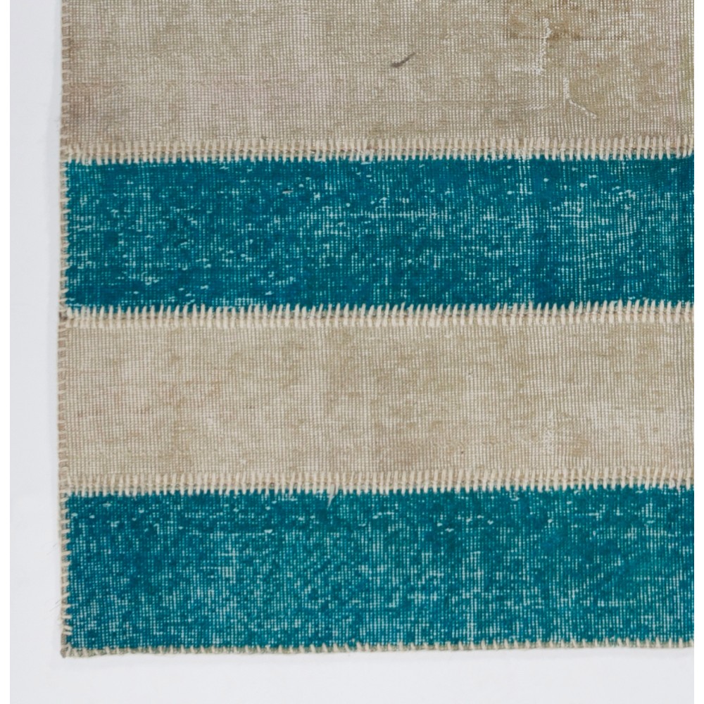 Contemporary Teal Blue and Beige Striped Patchwork Rug | Hand-Knotted Turkish Redyed Carpet