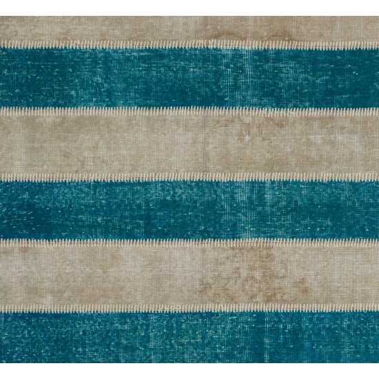 Central Anatolian Handmade Patchwork Rug in Beige and Teal Blue Colors, High Quality Wool Carpet