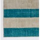 Contemporary Teal Blue and Beige Striped Patchwork Rug | Hand-Knotted Turkish Redyed Carpet
