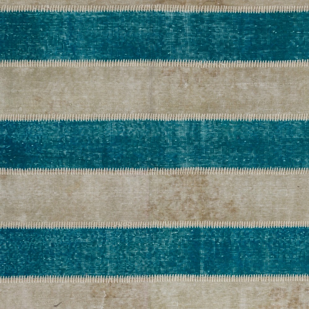 Contemporary Teal Blue and Beige Striped Patchwork Rug | Hand-Knotted Turkish Redyed Carpet