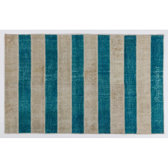 Central Anatolian Handmade Patchwork Rug in Beige and Teal Blue Colors, High Quality Wool Carpet