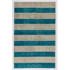 Central Anatolian Handmade Patchwork Rug in Beige and Teal Blue Colors, High Quality Wool Carpet