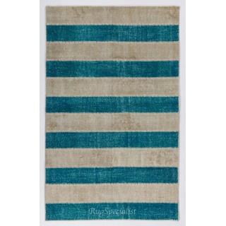 Central Anatolian Handmade Patchwork Rug in Beige and Teal Blue Colors, High Quality Wool Carpet