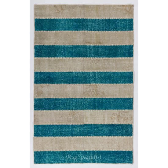 Central Anatolian Handmade Patchwork Rug in Beige and Teal Blue Colors, High Quality Wool Carpet