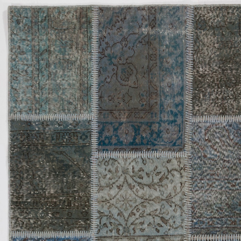 Modern Blue and Gray Patchwork Rug | Hand-Knotted Turkish Overdyed Wool Carpet Modern Blue and Gray Patchwork Rug | Hand-Knotted Turkish Overdyed Wool Carpet