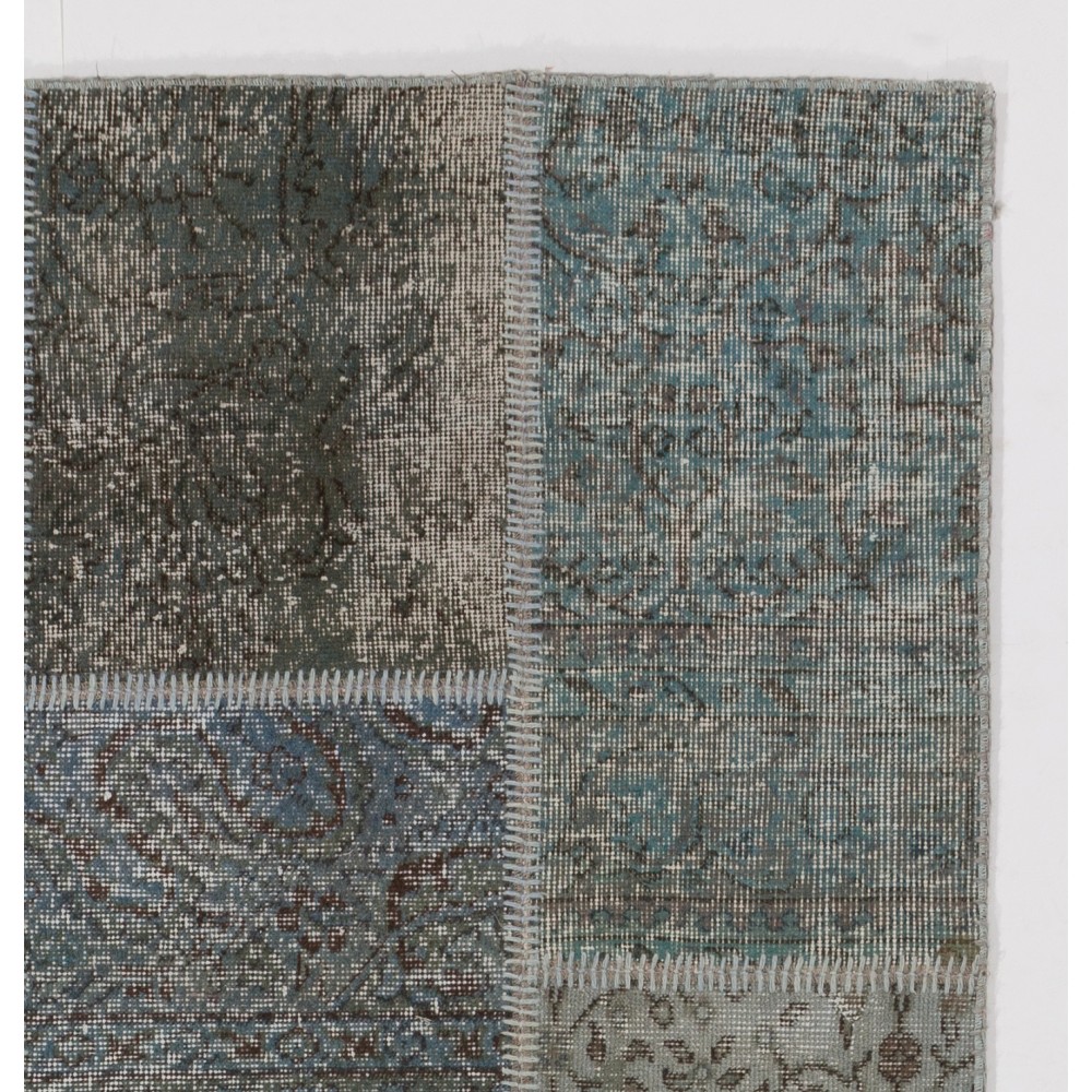 Modern Blue and Gray Patchwork Rug | Hand-Knotted Turkish Overdyed Wool Carpet Modern Blue and Gray Patchwork Rug | Hand-Knotted Turkish Overdyed Wool Carpet