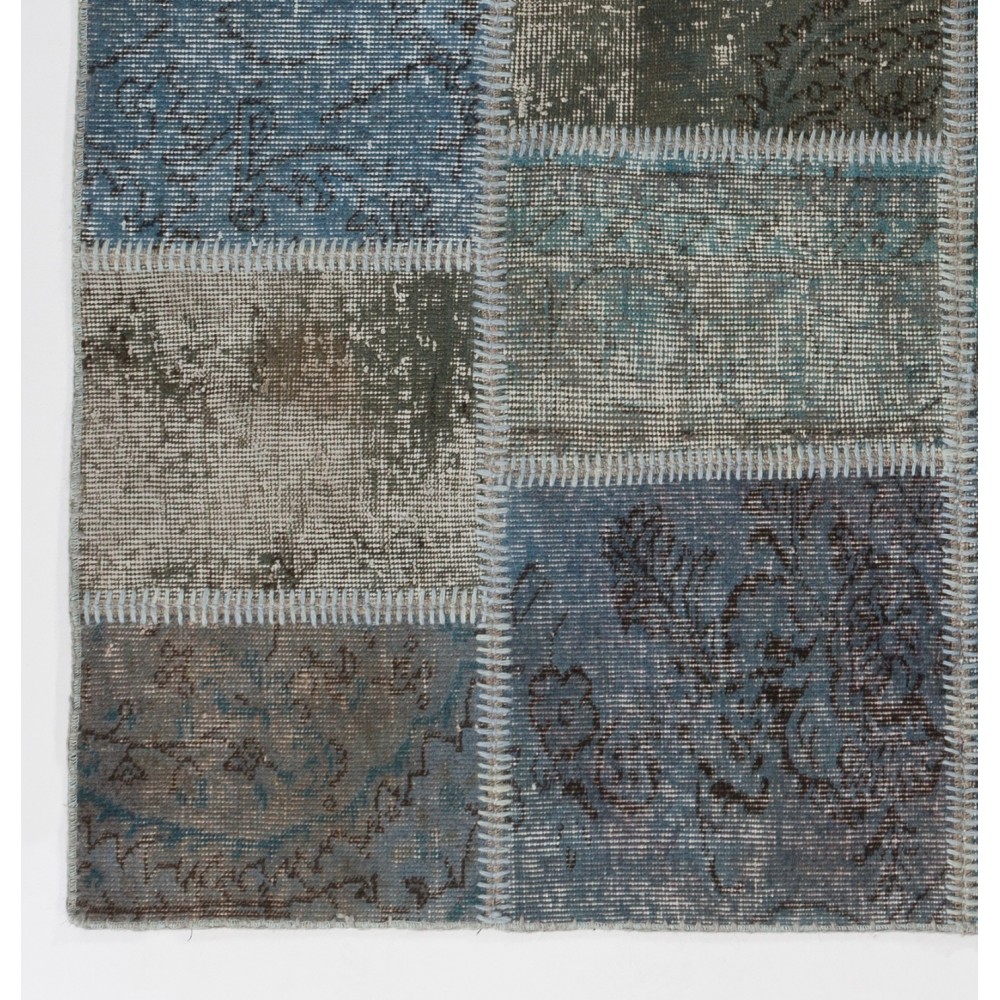 Modern Blue and Gray Patchwork Rug | Hand-Knotted Turkish Overdyed Wool Carpet Modern Blue and Gray Patchwork Rug | Hand-Knotted Turkish Overdyed Wool Carpet