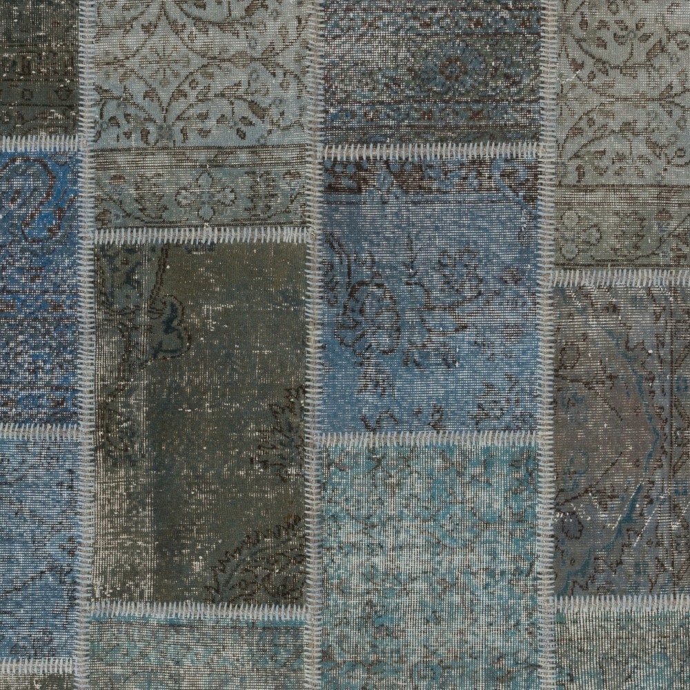 Modern Blue and Gray Patchwork Rug | Hand-Knotted Turkish Overdyed Wool Carpet Modern Blue and Gray Patchwork Rug | Hand-Knotted Turkish Overdyed Wool Carpet
