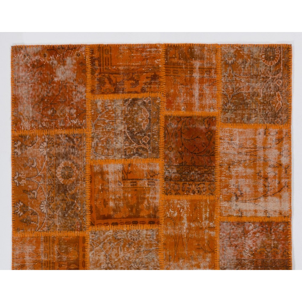 Hand Knotted Turkish Patchwork Rug in Orange Tones. Modern Living Room Decor Carpet