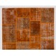Hand Knotted Turkish Patchwork Rug in Orange Tones. Modern Living Room Decor Carpet