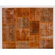 Distressed Handmade Patchwork Rug, Orange Living Room Carpet for Modern Interiors