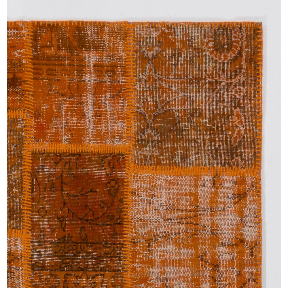 Hand-Knotted Orange Patchwork Rug for Living Room, Bedroom and Dining Room | Contemporary Overdyed Turkish Wool Carpet Hand-Knotted Orange Patchwork Rug for Living Room, Bedroom and Dining Room | Contemporary Overdyed Turkish Wool Carpet