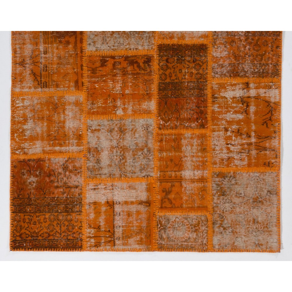Hand Knotted Turkish Patchwork Rug in Orange Tones. Modern Living Room Decor Carpet