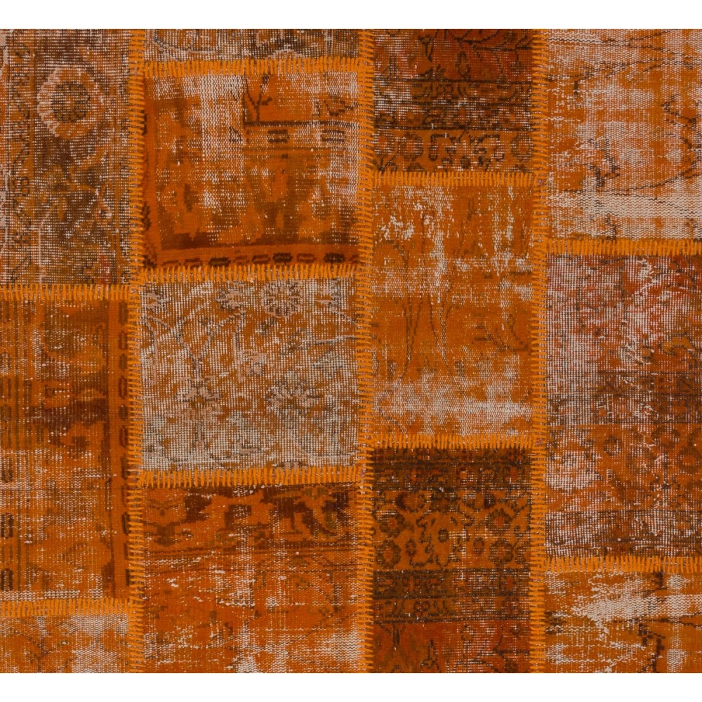 Hand Knotted Turkish Patchwork Rug in Orange Tones. Modern Living Room Decor Carpet