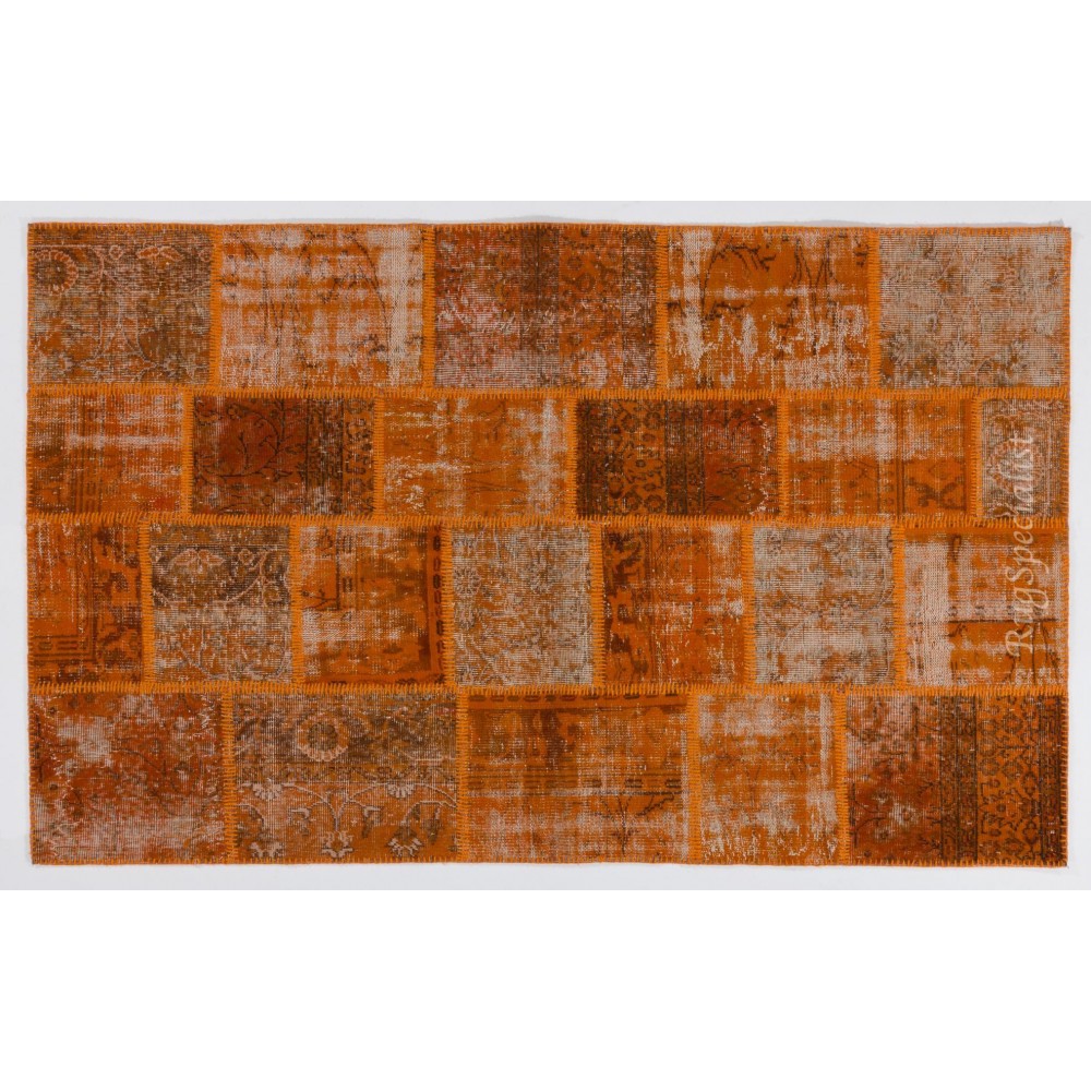 Hand Knotted Turkish Patchwork Rug in Orange Tones. Modern Living Room Decor Carpet