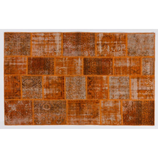 Distressed Handmade Patchwork Rug, Orange Living Room Carpet for Modern Interiors