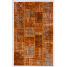 Hand Knotted Turkish Patchwork Rug in Orange Tones. Modern Living Room Decor Carpet
