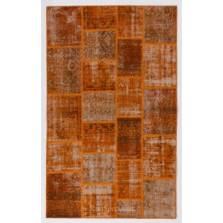 Hand Knotted Turkish Patchwork Rug in Orange Tones. Modern Living Room Decor Carpet