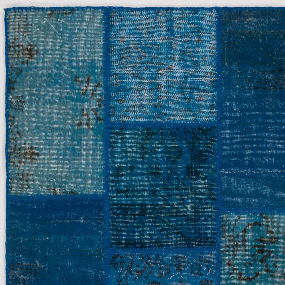 Hand-Knotted Blue Patchwork Rug for Living Room, Bedroom and Dining Room | Contemporary Overdyed Turkish Wool Carpet