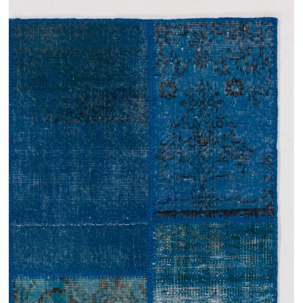 Hand-Knotted Blue Patchwork Rug for Living Room, Bedroom and Dining Room | Contemporary Overdyed Turkish Wool Carpet