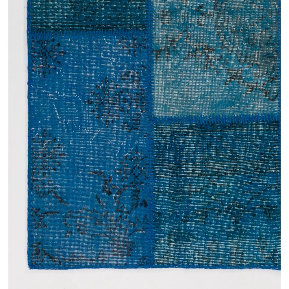 Hand-Knotted Blue Patchwork Rug for Living Room, Bedroom and Dining Room | Contemporary Overdyed Turkish Wool Carpet
