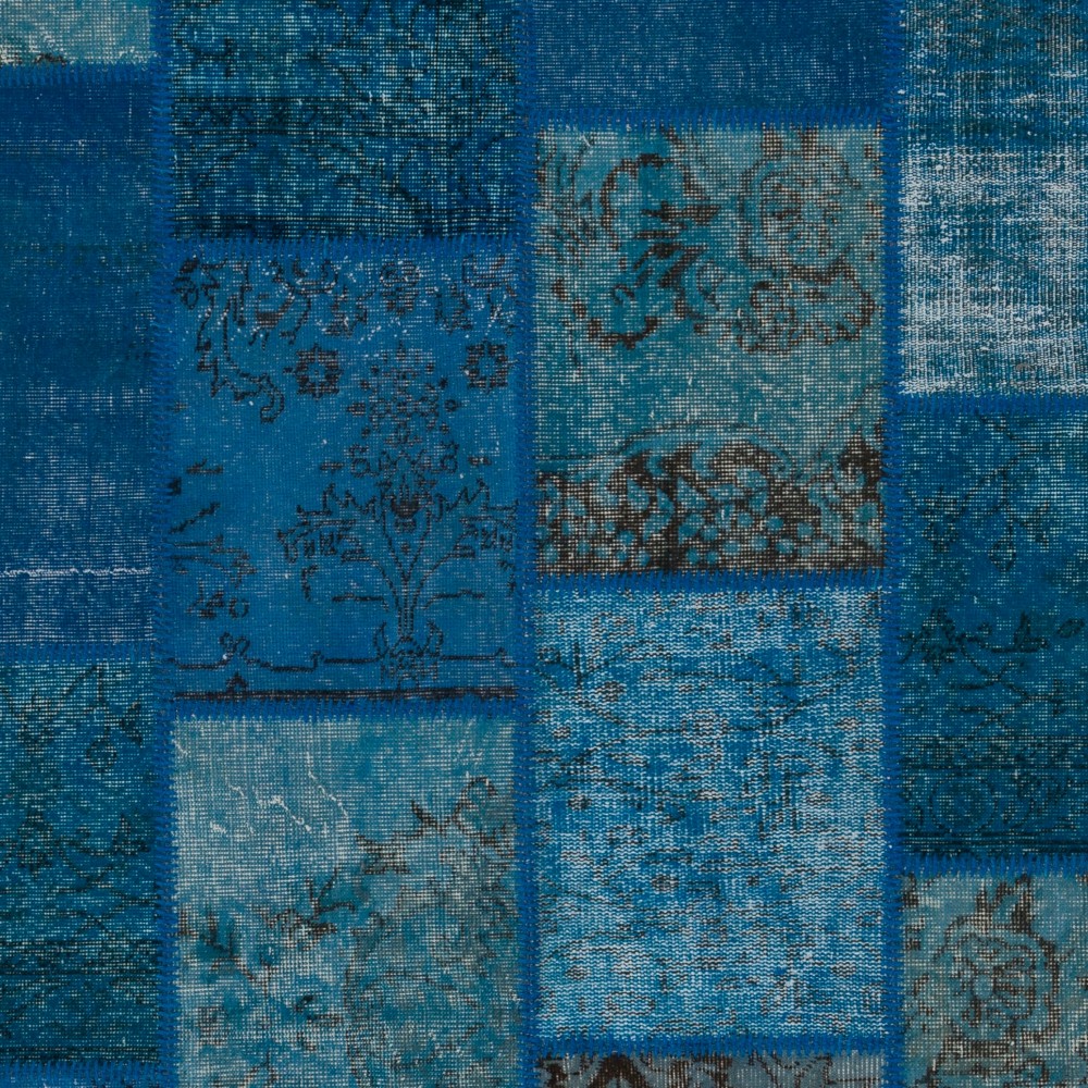 Hand-Knotted Blue Patchwork Rug for Living Room, Bedroom and Dining Room | Contemporary Overdyed Turkish Wool Carpet