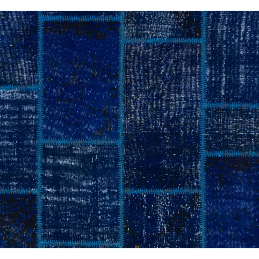 Modern Handmade Patchwork Rug in Shades of Navy Blue and Indigo Blue. Custom Turkish Carpet. Woolen Floor Covering