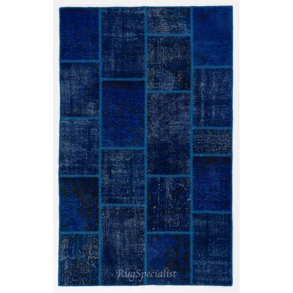 Modern Handmade Patchwork Rug in Shades of Navy Blue and Indigo Blue. Custom Turkish Carpet. Woolen Floor Covering