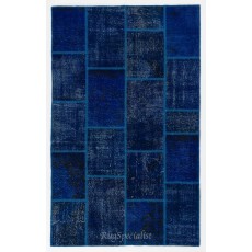 Modern Handmade Patchwork Rug in Shades of Navy Blue and Indigo Blue. Custom Turkish Carpet. Woolen Floor Covering
