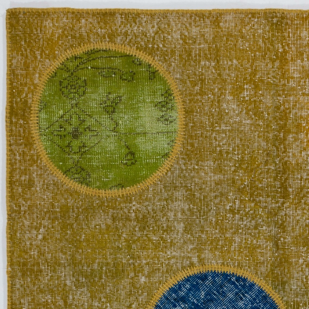 Yellow Modern Turkish Patchwork Rug | Handmade Colorful Circle Motif Overdyed Wool Carpet Yellow Modern Turkish Patchwork Rug | Handmade Colorful Circle Motif Overdyed Wool Carpet