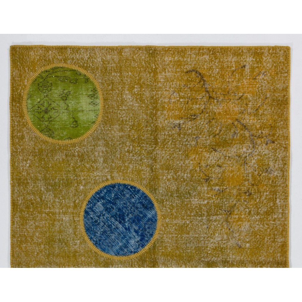 Modern Turkish Patchwork Rug in Yellow Color. Handmade Colorful Circle Patterned Carpet