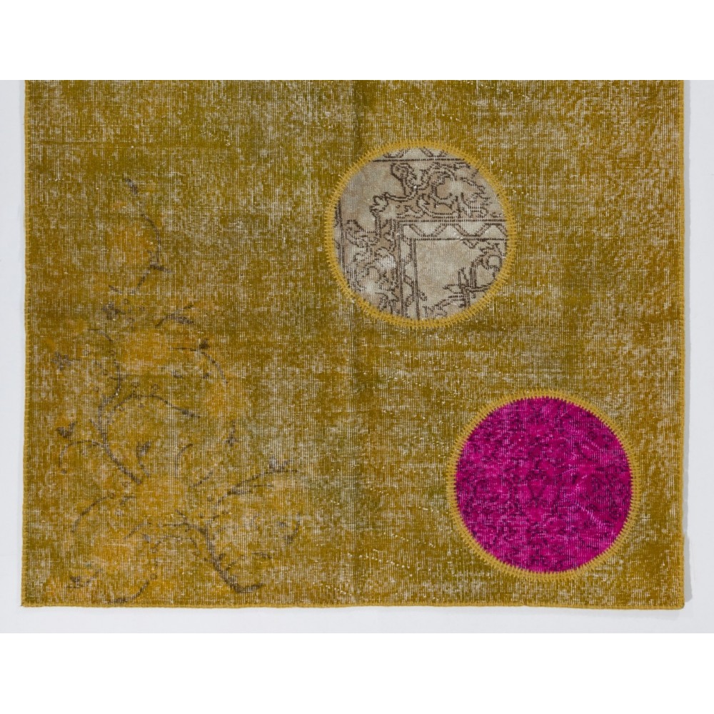 Modern Turkish Patchwork Rug in Yellow Color. Handmade Colorful Circle Patterned Carpet