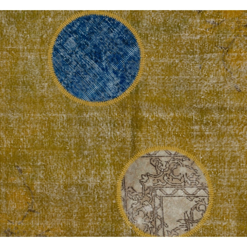 Modern Turkish Patchwork Rug in Yellow Color. Handmade Colorful Circle Patterned Carpet