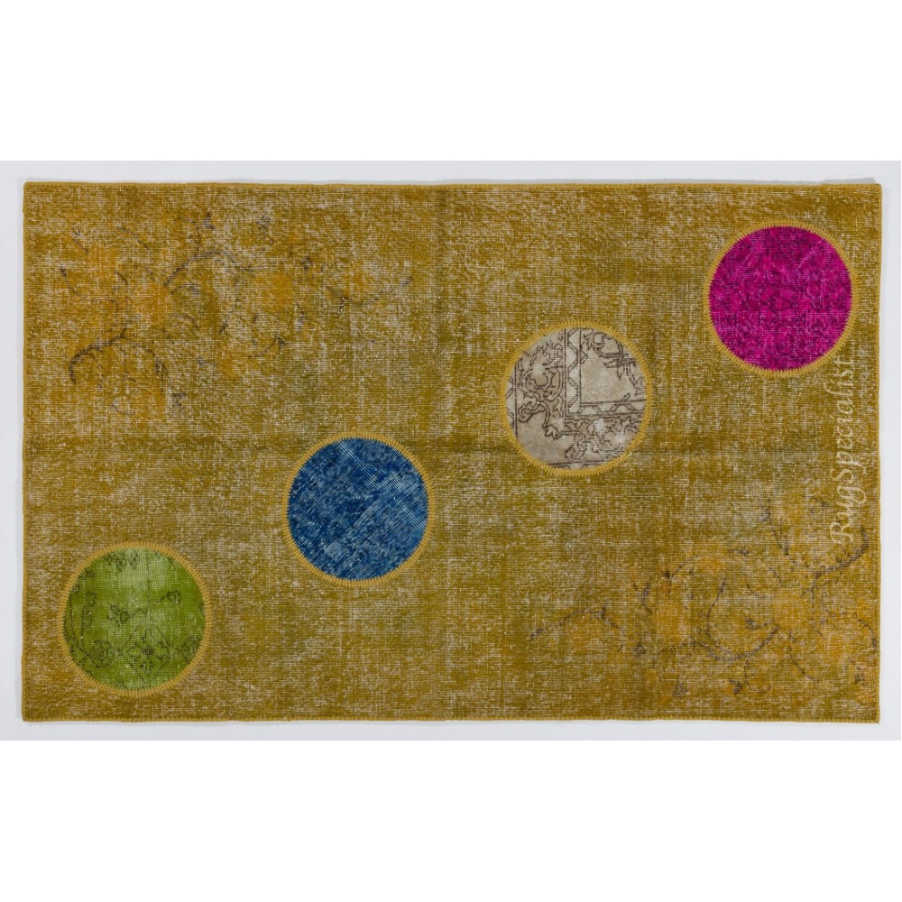 Modern Turkish Patchwork Rug in Yellow Color. Handmade Colorful Circle Patterned Carpet
