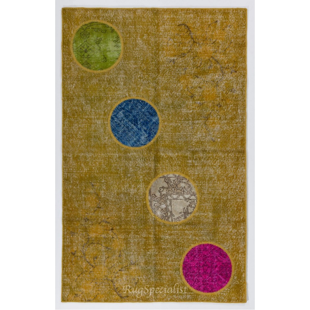 Modern Turkish Patchwork Rug in Yellow Color. Handmade Colorful Circle Patterned Carpet