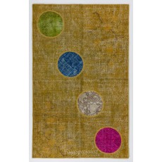 Modern Turkish Patchwork Rug in Yellow Color. Handmade Colorful Circle Patterned Carpet