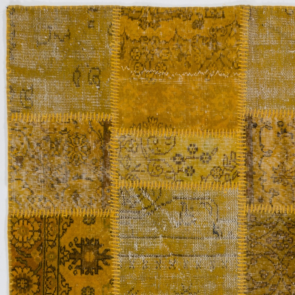 Hand-Knotted Yellow Patchwork Rug for Living Room, Bedroom and Dining Room | Contemporary Overdyed Turkish Wool Carpet Hand-Knotted Yellow Patchwork Rug for Living Room, Bedroom and Dining Room | Contemporary Overdyed Turkish Wool Carpet