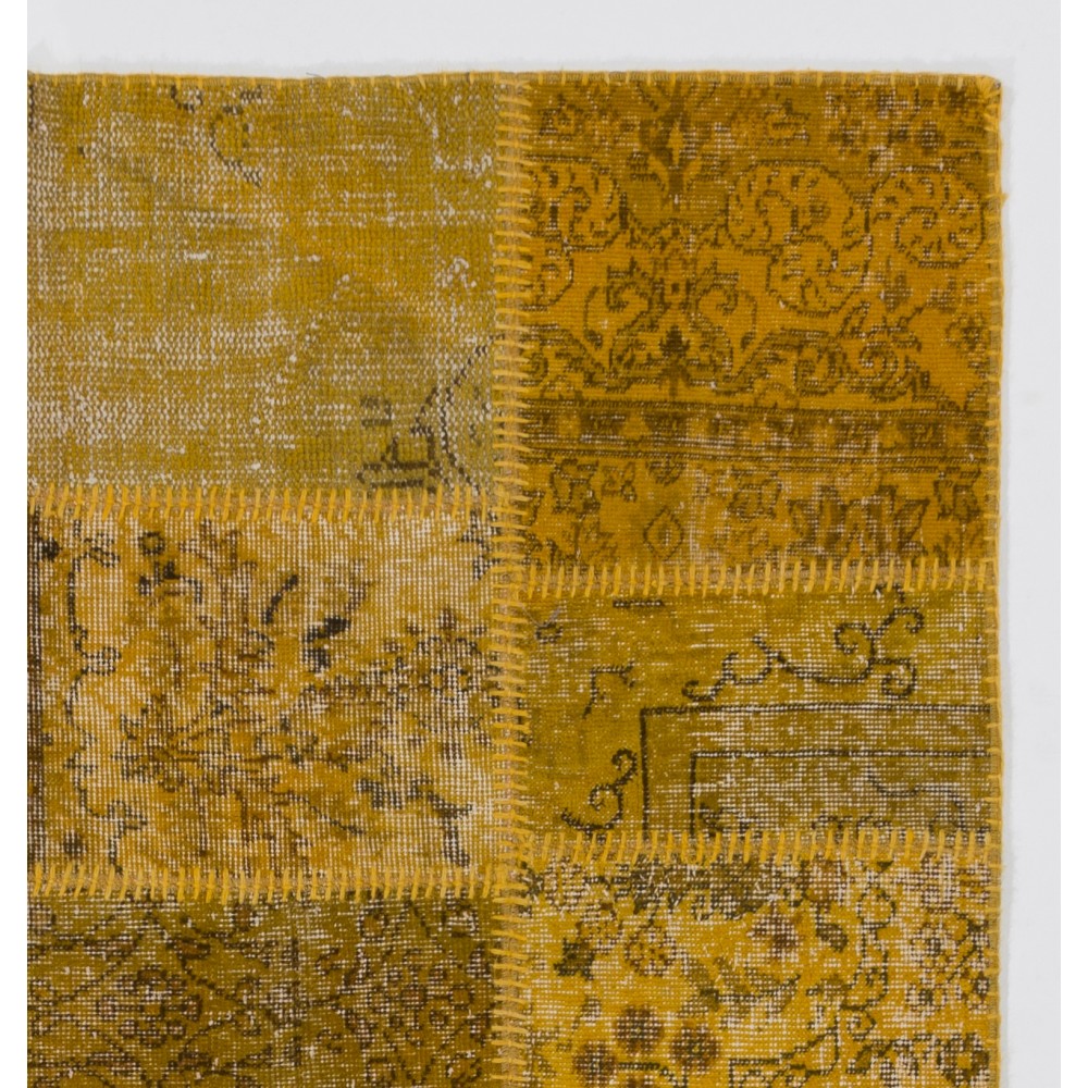 Hand-Knotted Yellow Patchwork Rug for Living Room, Bedroom and Dining Room | Contemporary Overdyed Turkish Wool Carpet Hand-Knotted Yellow Patchwork Rug for Living Room, Bedroom and Dining Room | Contemporary Overdyed Turkish Wool Carpet