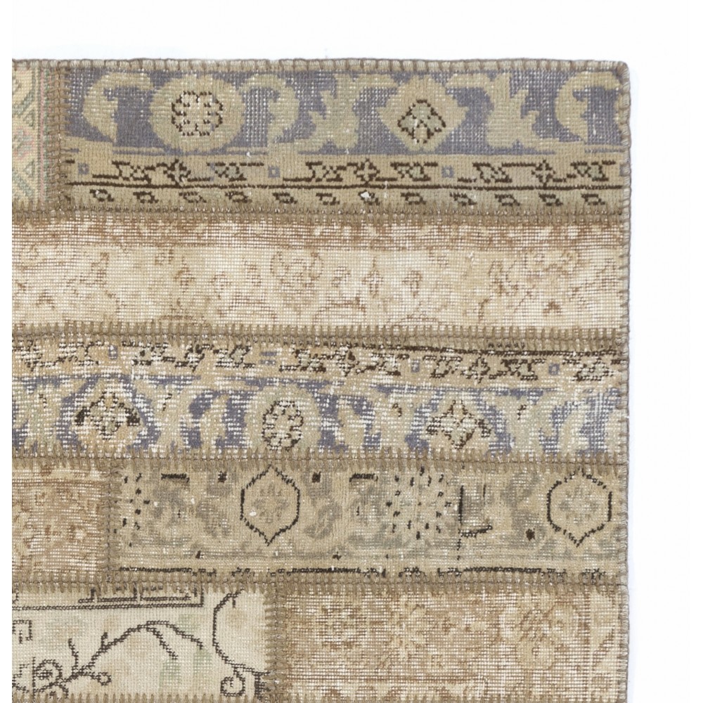 Vintage Brick Pattern Beige Patchwork Rug for Living Room Decor, Hand-Knotted Turkish Wool Carpet Vintage Brick Pattern Beige Patchwork Rug for Living Room Decor, Hand-Knotted Turkish Wool Carpet