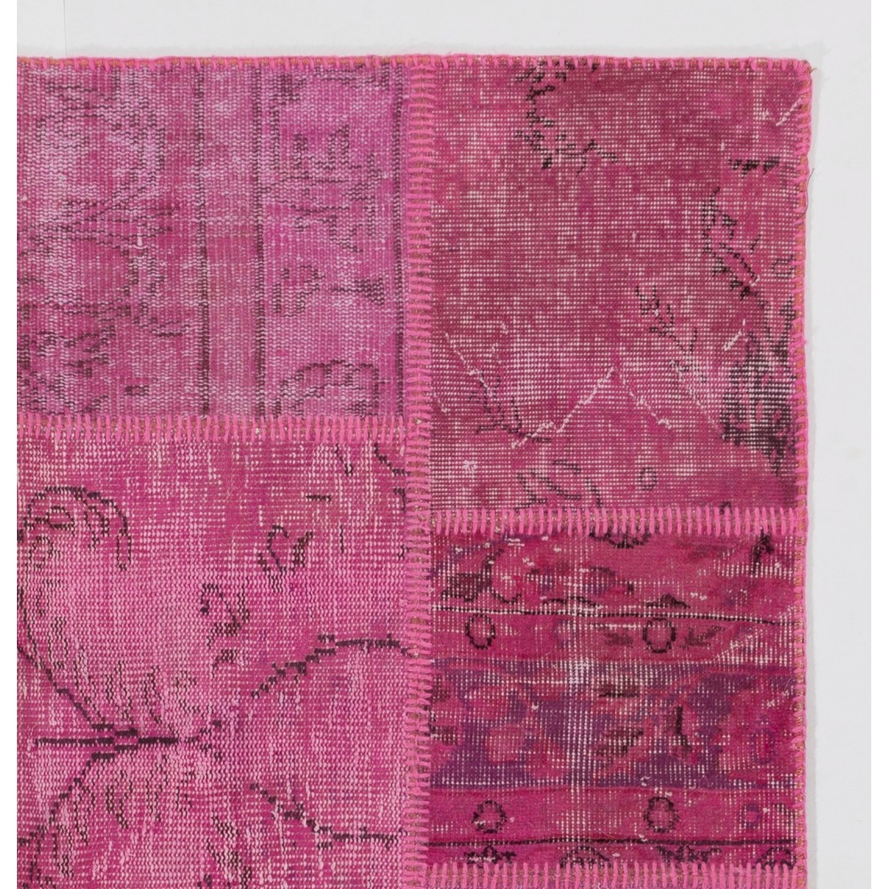 Hand Knotted Pink Patchwork Rug for Living Room, Bedroom and Dining Room | Contemporary Overdyed Turkish Wool Carpet Hand Knotted Pink Patchwork Rug for Living Room, Bedroom and Dining Room | Contemporary Overdyed Turkish Wool Carpet