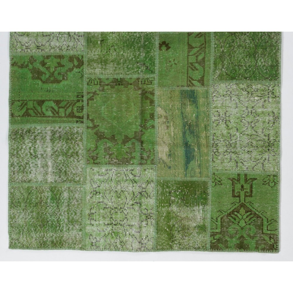 Light Green Handmade Patchwork Rug, Vintage Turkish Wool Carpet for Modern Home and Office Decor