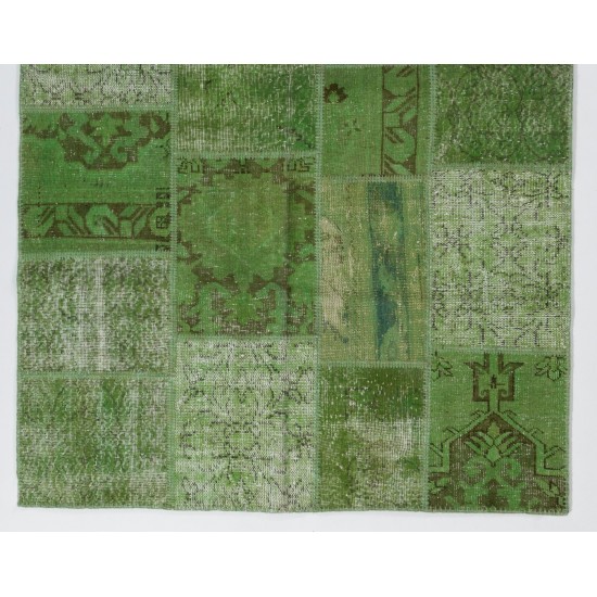 Light Green Handmade Patchwork Rug, Vintage Turkish Wool Carpet for Modern Home and Office Decor