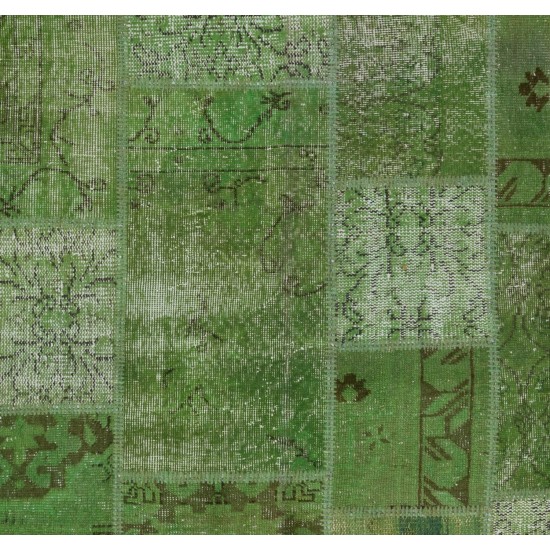 Light Green Handmade Patchwork Rug, Vintage Turkish Wool Carpet for Modern Home and Office Decor