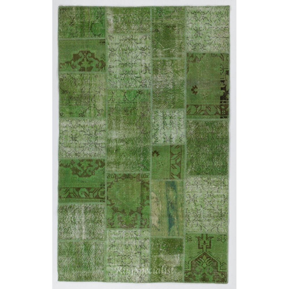 Light Green Handmade Patchwork Rug, Vintage Turkish Wool Carpet for Modern Home and Office Decor