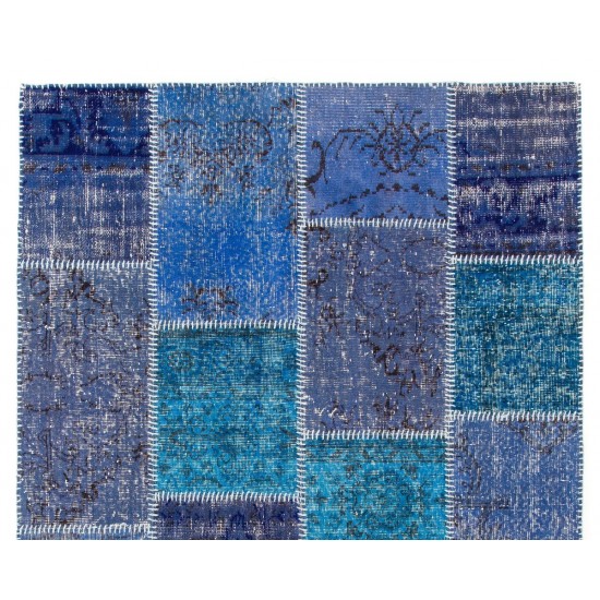 Blue Patchwork Rug for Modern Interiors. Handmade Turkish Carpet. Custom Options Available