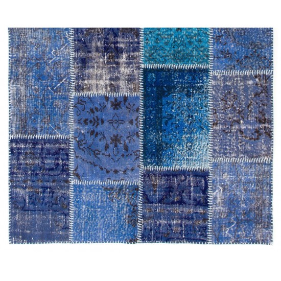 Blue Patchwork Rug for Modern Interiors. Handmade Turkish Carpet. Custom Options Available