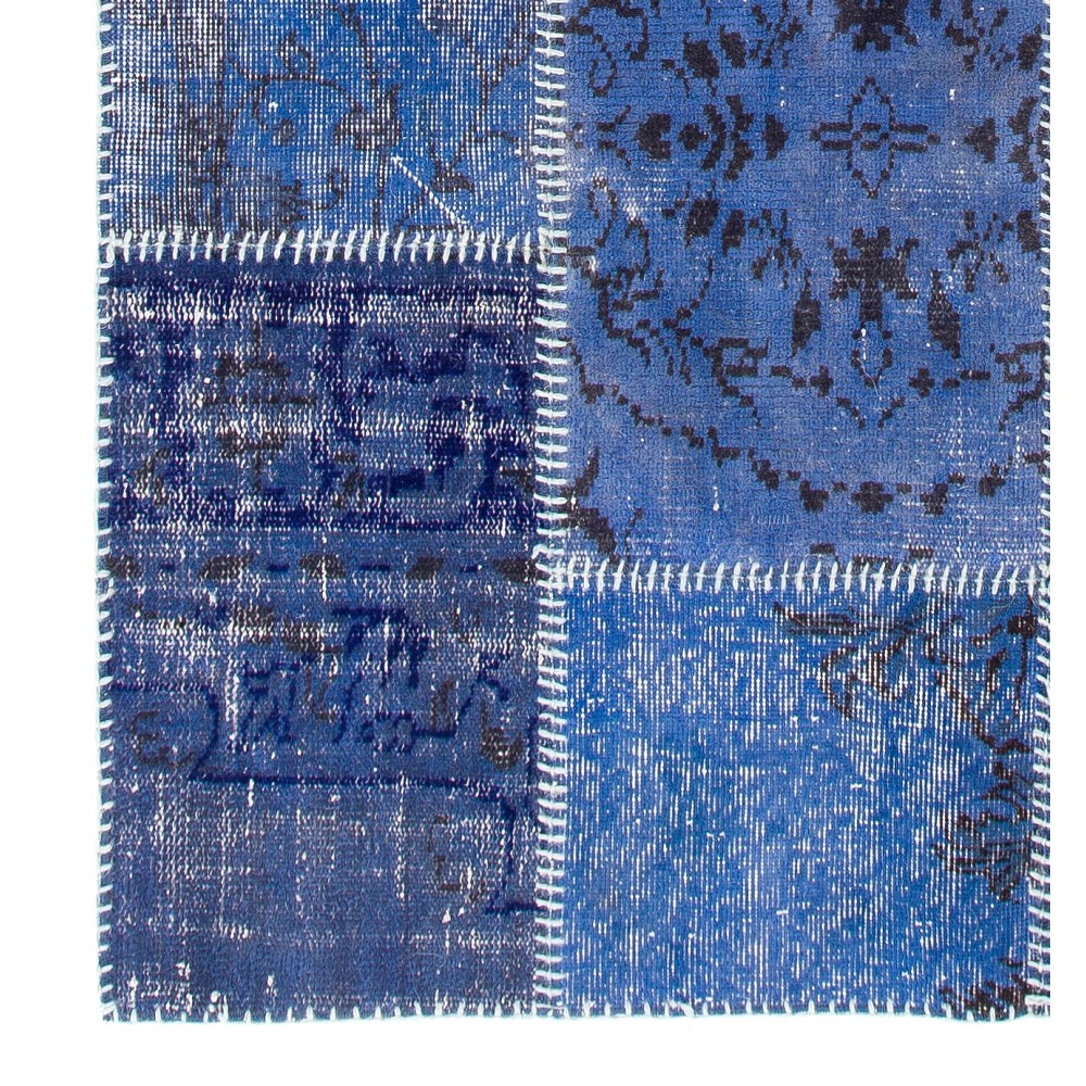 Hand-Knotted Blue Patchwork Rug for Living Room, Bedroom and Dining Room | Contemporary Overdyed Turkish Wool Carpet Hand-Knotted Blue Patchwork Rug for Living Room, Bedroom and Dining Room | Contemporary Overdyed Turkish Wool Carpet